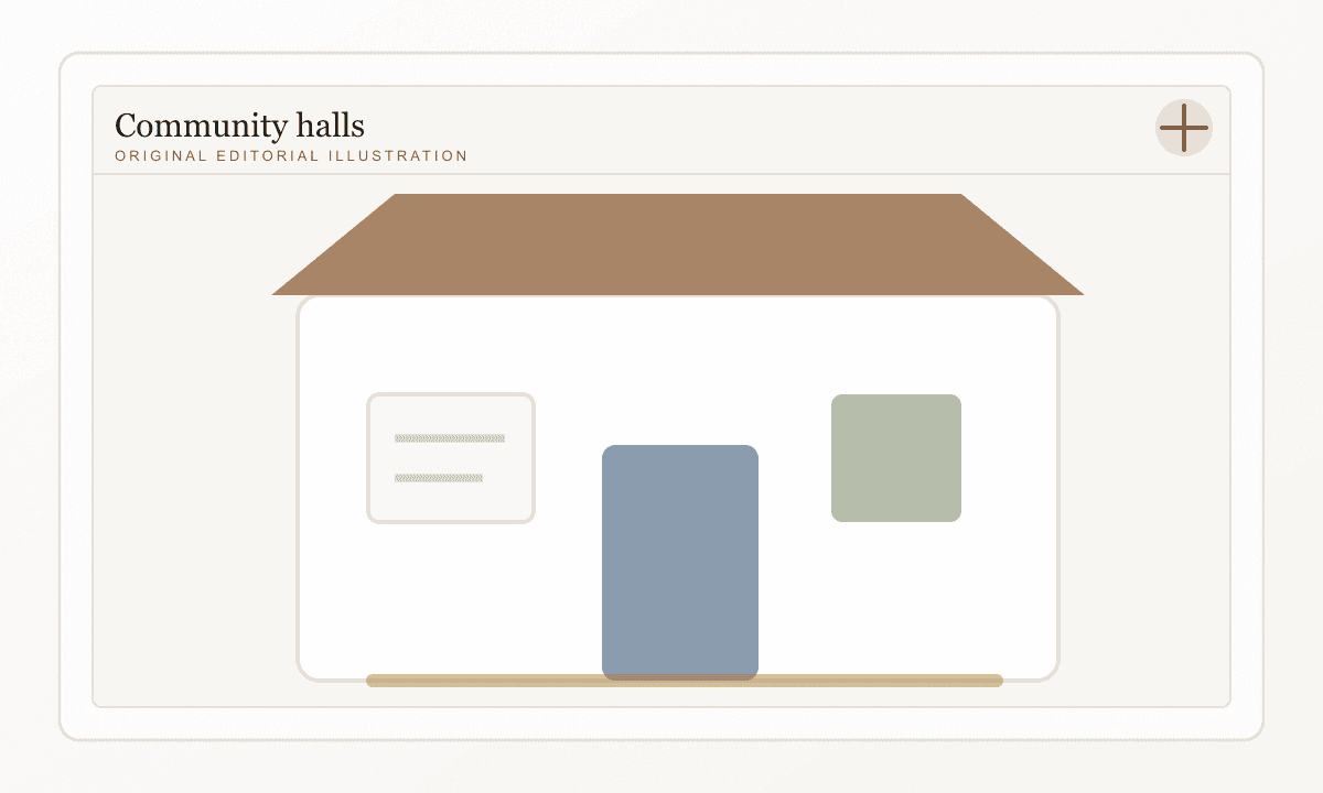 A museum-catalogue style illustration of an old community hall entrance and noticeboard.
