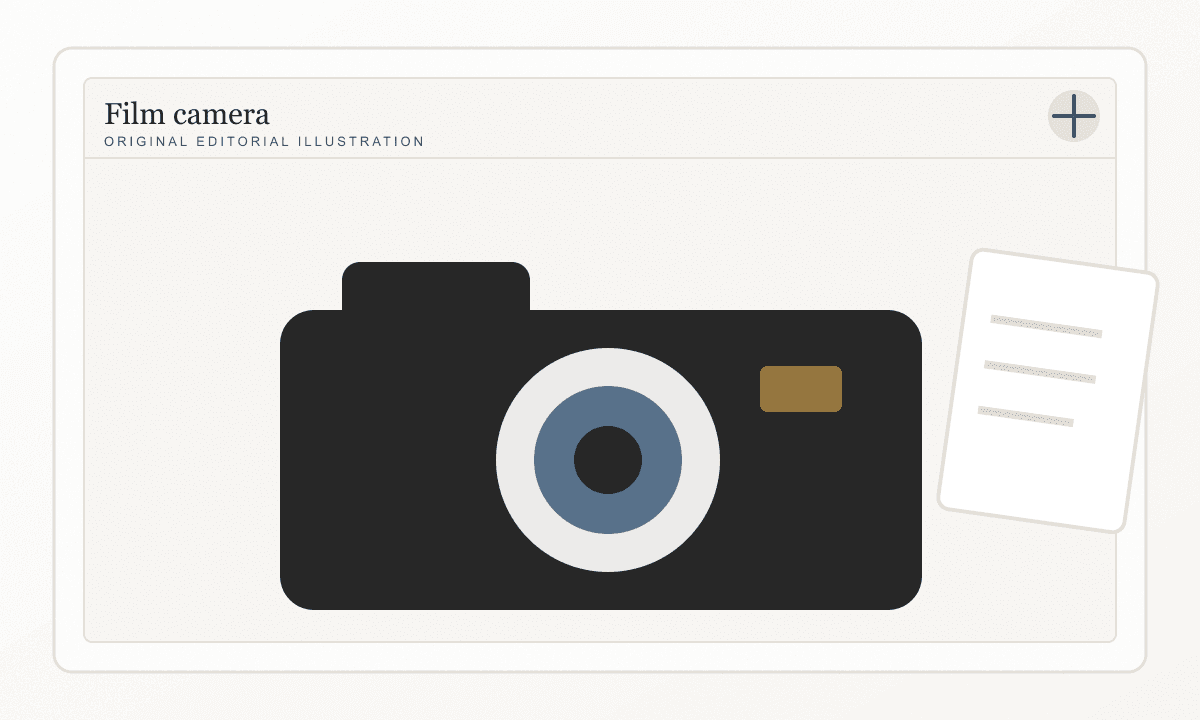 A museum-catalogue style illustration of an old film camera with contact sheets.