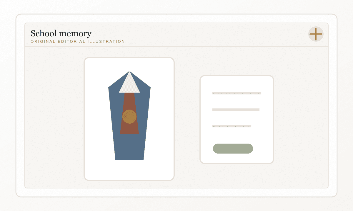 A vintage catalogue-style illustration of school uniform details on a white archive surface.
