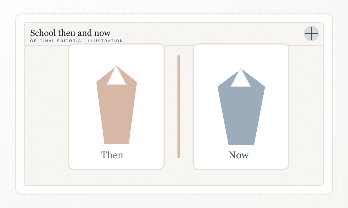 A split archive illustration comparing older and newer school uniform details.